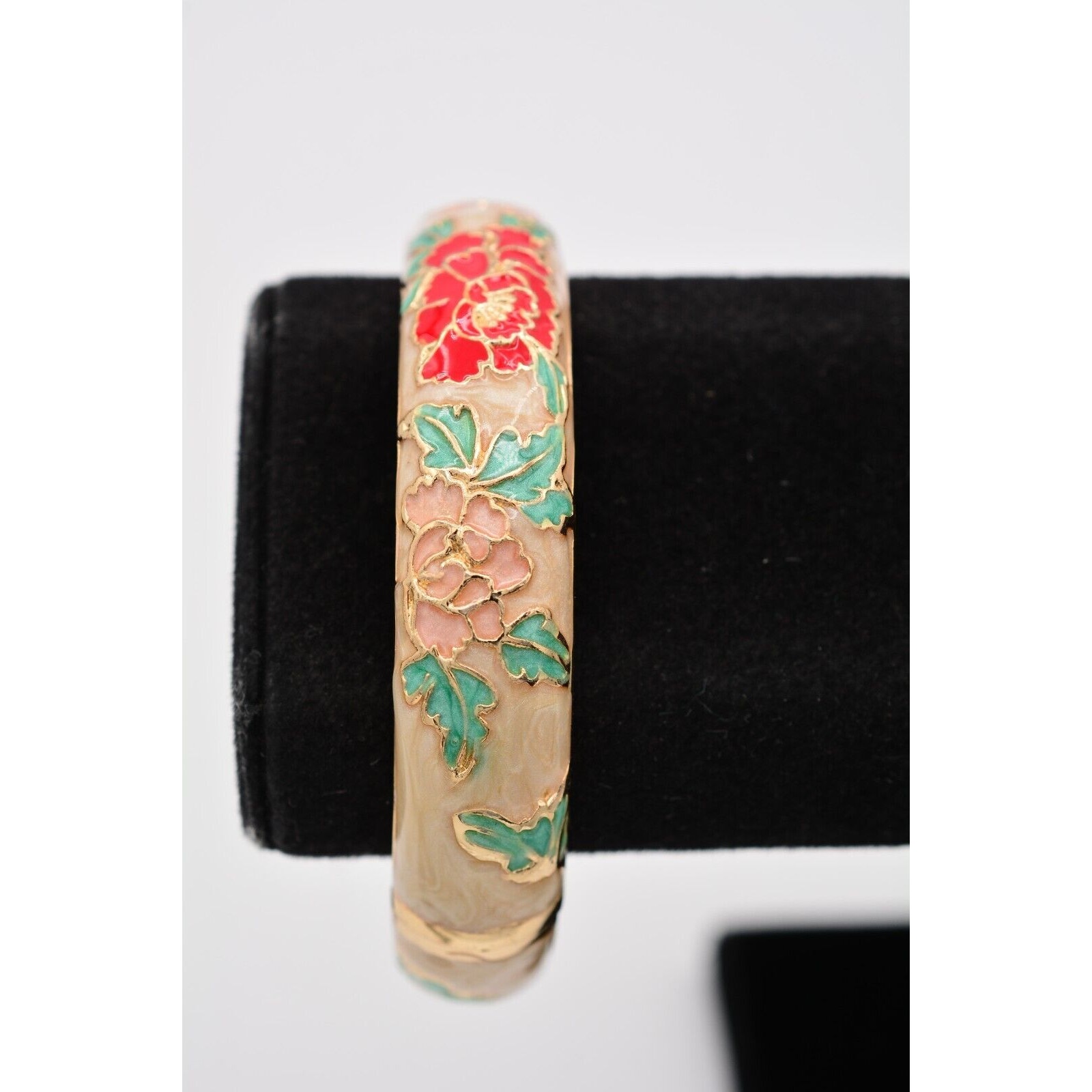 Jui Long Xin Vintage Bangle Bracelet Floral Cloisonn Hinged Pink Signed Binaw